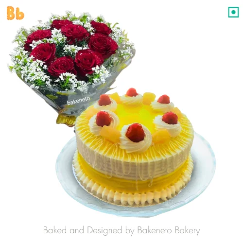 looking for Pineapple Cake and Flowers Combo for wife's birthday, anniversary or for your best friend. Order flower bouquet online by bakeneto.com